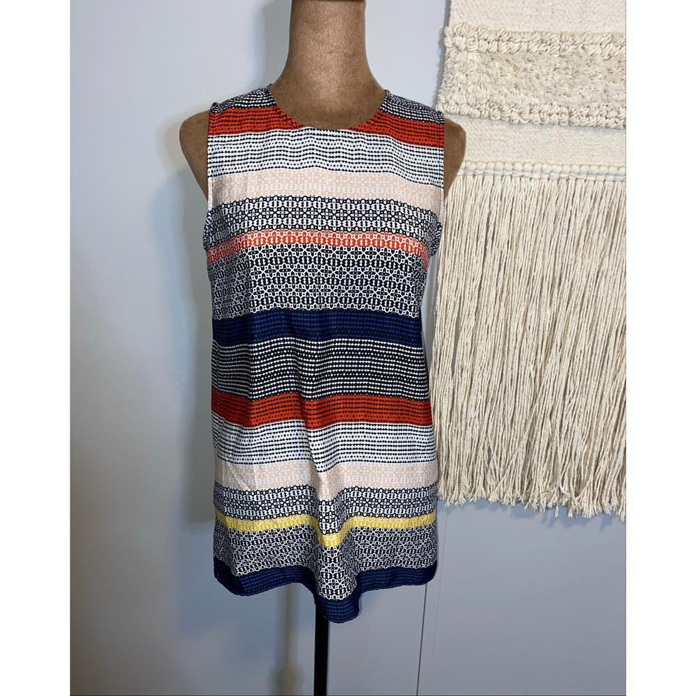 Vince Camuto Womens XS Sleeveless Multicolor Geometric Stripe Blouse Split Hem - Picture 2 of 9